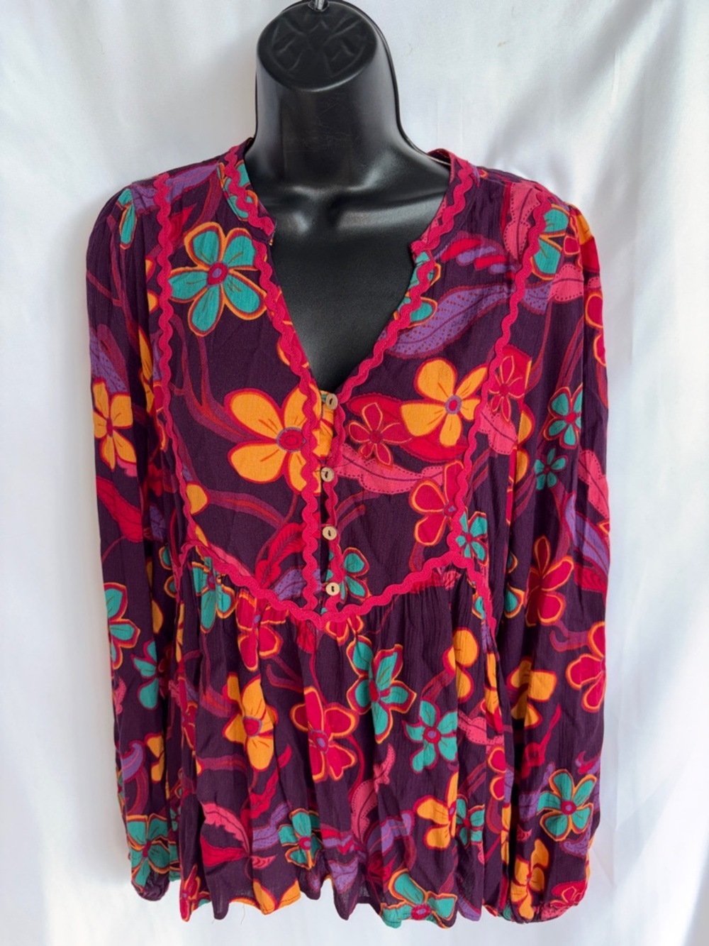 Easel Boho Floral Babydoll Tunic Burgundy Small (Oversized), 19” PTP, 28” L
